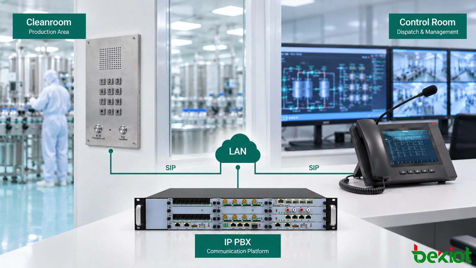 Телефон для чистых помещений BT26, подключённый через BU2000 IP PBX к диспетчерскому телефону GP320i